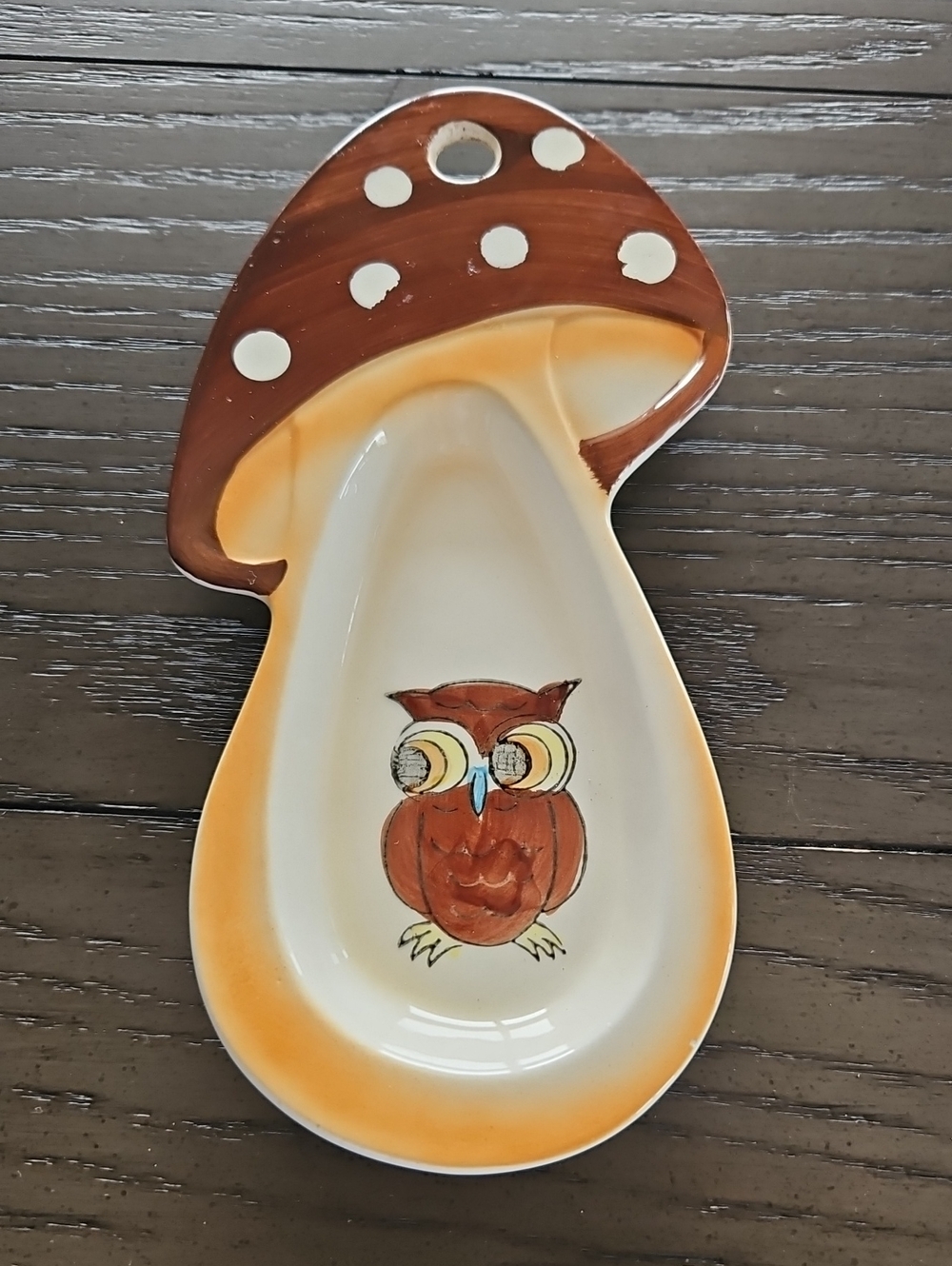 Mushroom Shaped Wall Hanging With Owl Hand Painted Owl - Vintage